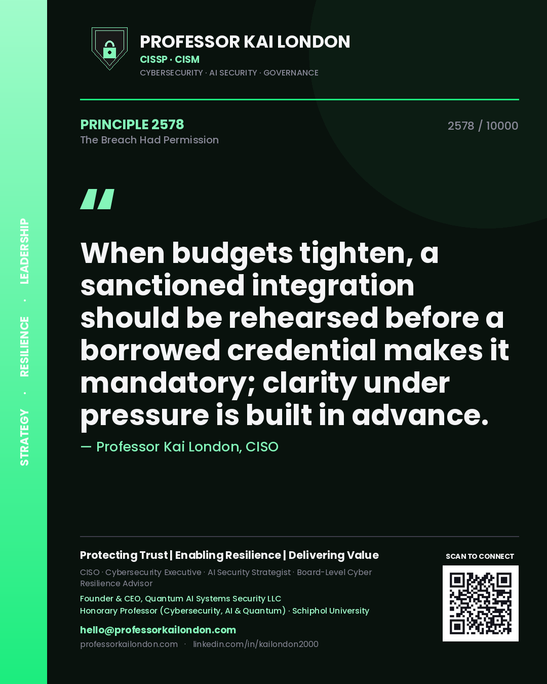 Quote card by Professor Kai London reading 'When budgets tighten, a sanctioned integration should be rehearsed before a borrowed credential makes it mandatory; clarity under pressure is built in advance.'. From the book The Breach Had Permission.