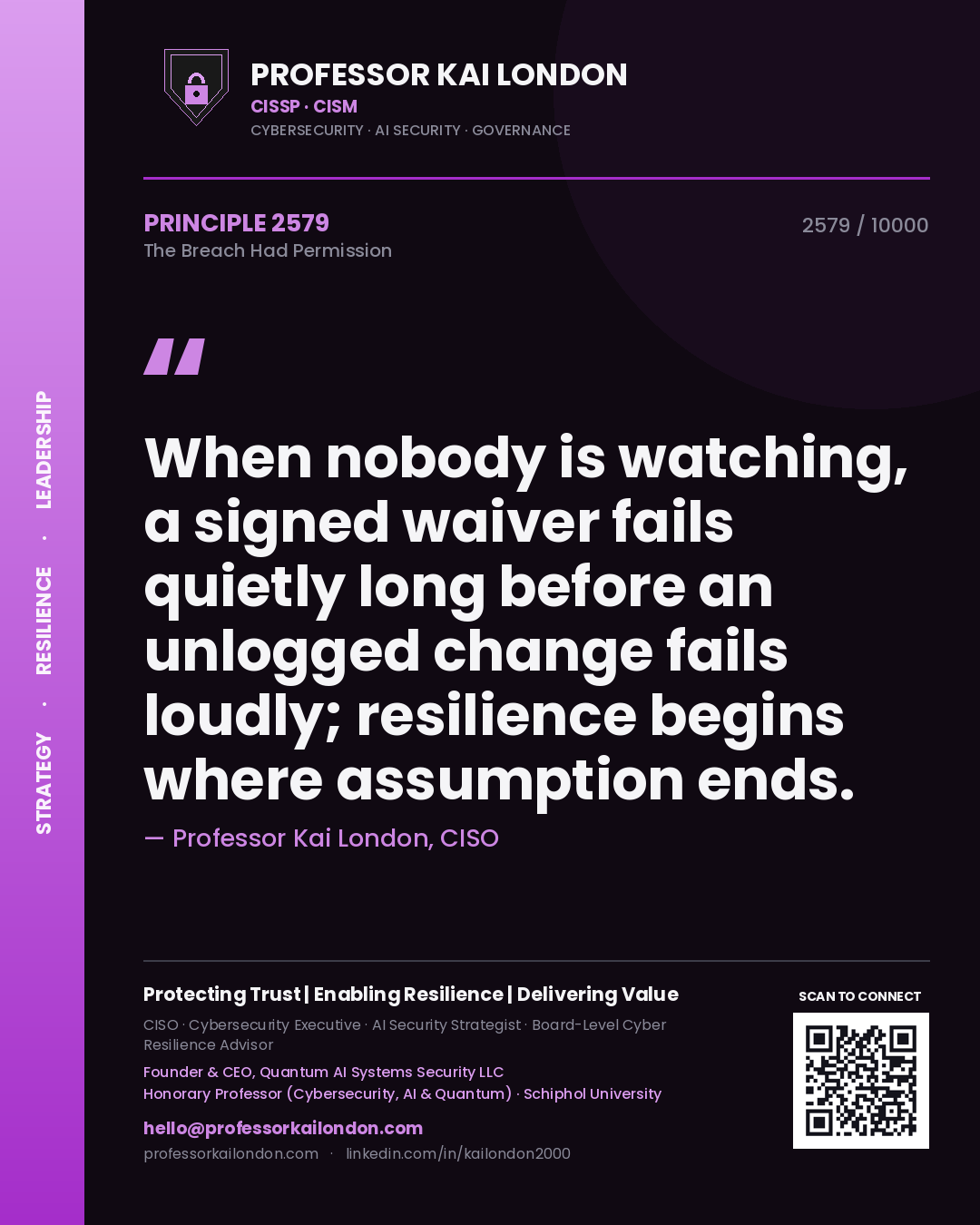 Quote card by Professor Kai London reading 'When nobody is watching, a signed waiver fails quietly long before an unlogged change fails loudly; resilience begins where assumption ends.'. From the book The Breach Had Permission.