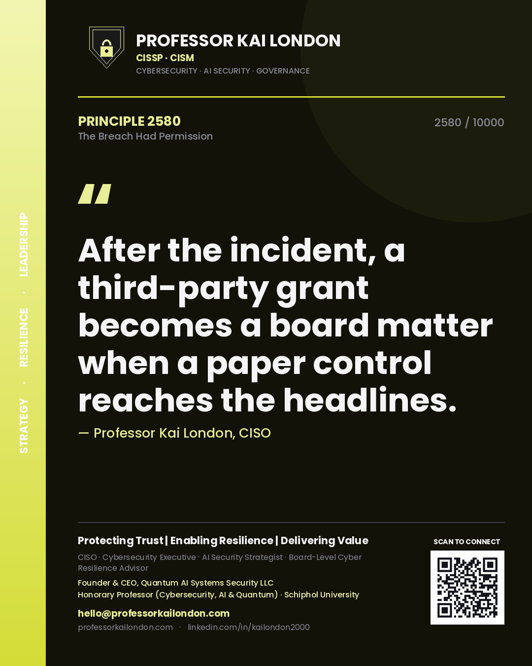 Quote card by Professor Kai London reading 'After the incident, a third-party grant becomes a board matter when a paper control reaches the headlines.'. From the book The Breach Had Permission.