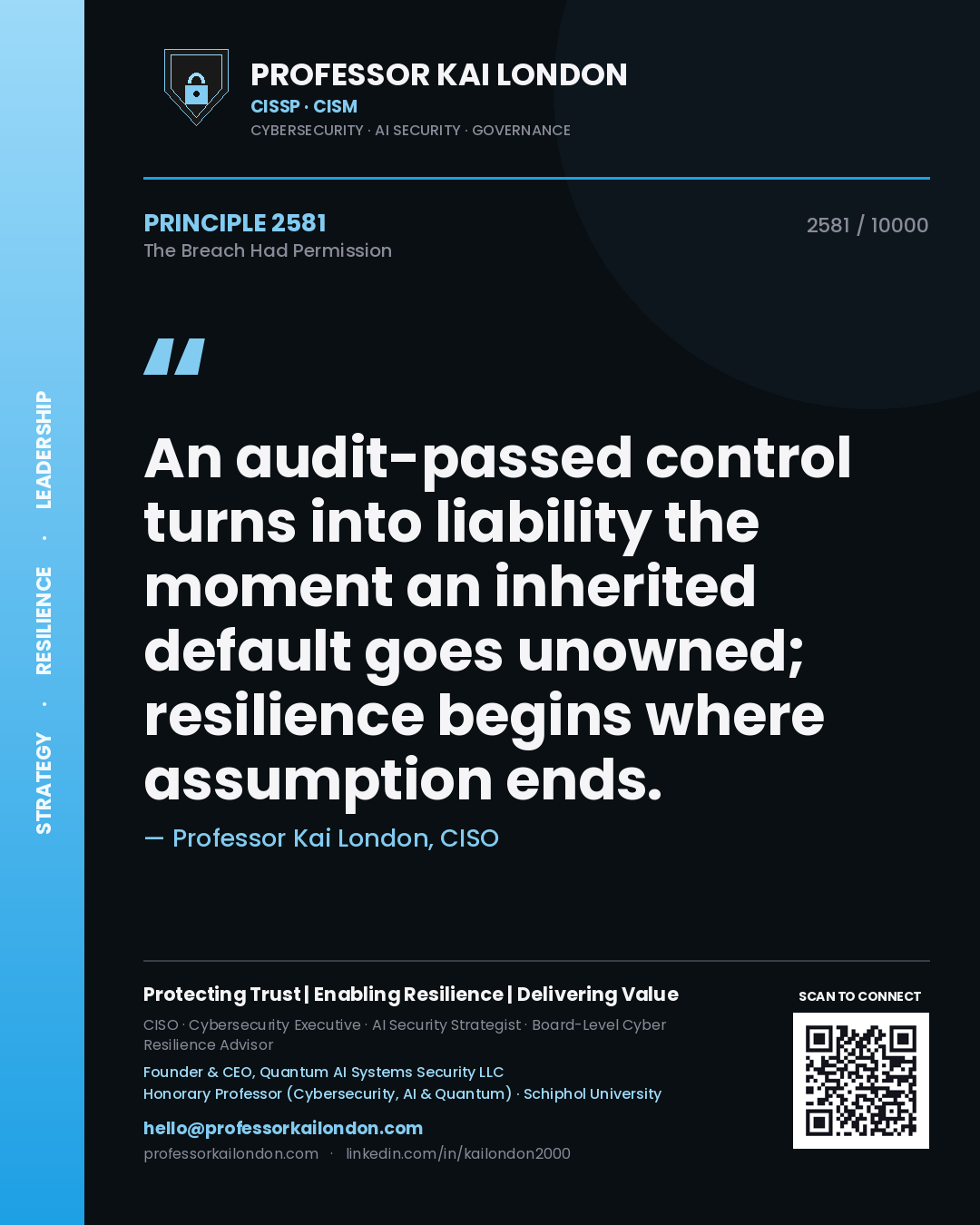 Quote card by Professor Kai London reading 'An audit-passed control turns into liability the moment an inherited default goes unowned; resilience begins where assumption ends.'. From the book The Breach Had Permission.