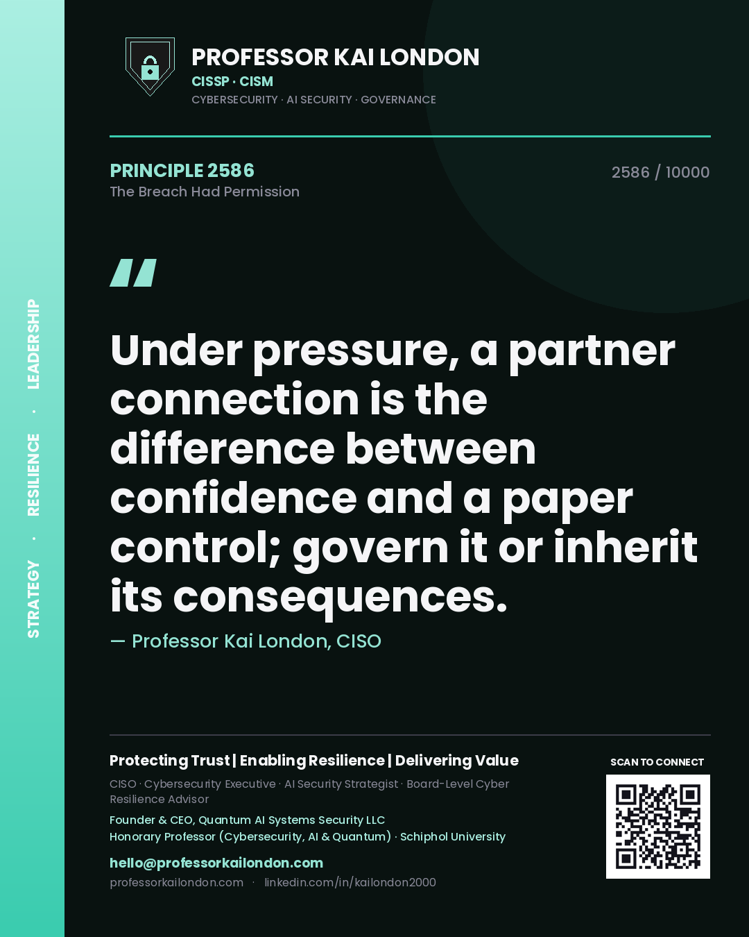 Quote card by Professor Kai London reading 'Under pressure, a partner connection is the difference between confidence and a paper control; govern it or inherit its consequences.'. From the book The Breach Had Permission.
