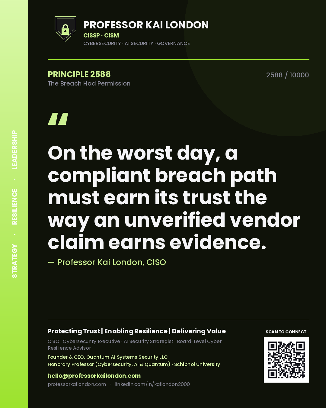 Quote card by Professor Kai London reading 'On the worst day, a compliant breach path must earn its trust the way an unverified vendor claim earns evidence.'. From the book The Breach Had Permission.