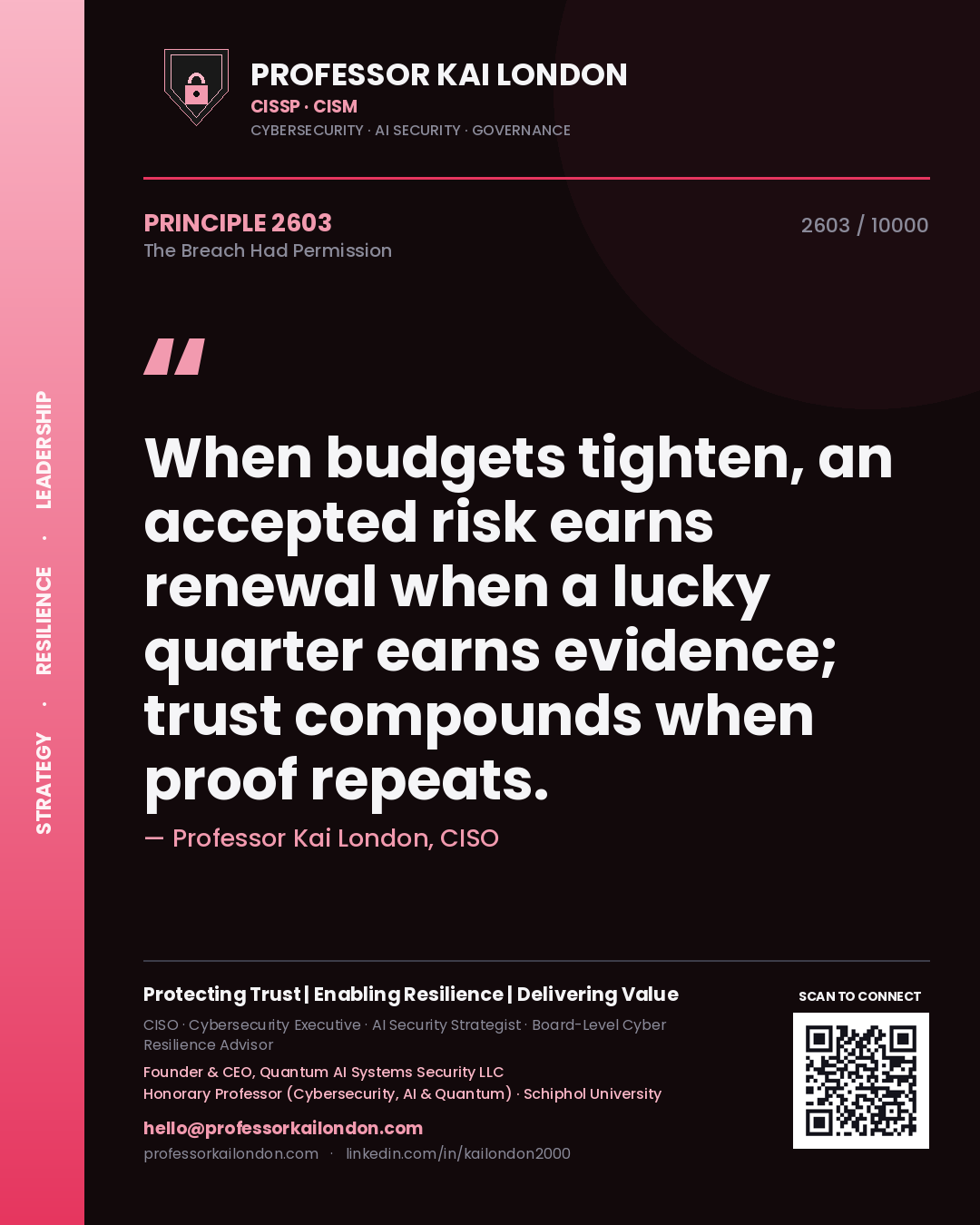 Professor Kai London principle 2603: When budgets tighten, an accepted risk earns renewal when a lucky quarter earns evidence; trust compounds when proof repeats.