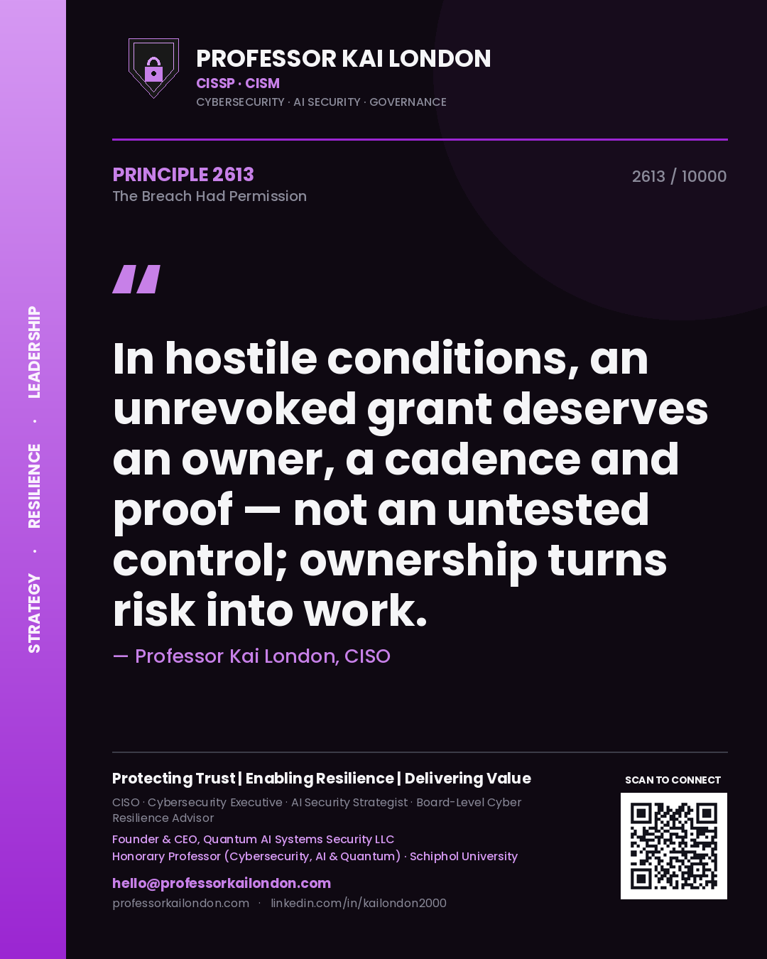 Quote card by Professor Kai London reading 'In hostile conditions, an unrevoked grant deserves an owner, a cadence and proof — not an untested control; ownership turns risk into work.'. From the book The Breach Had Permission.