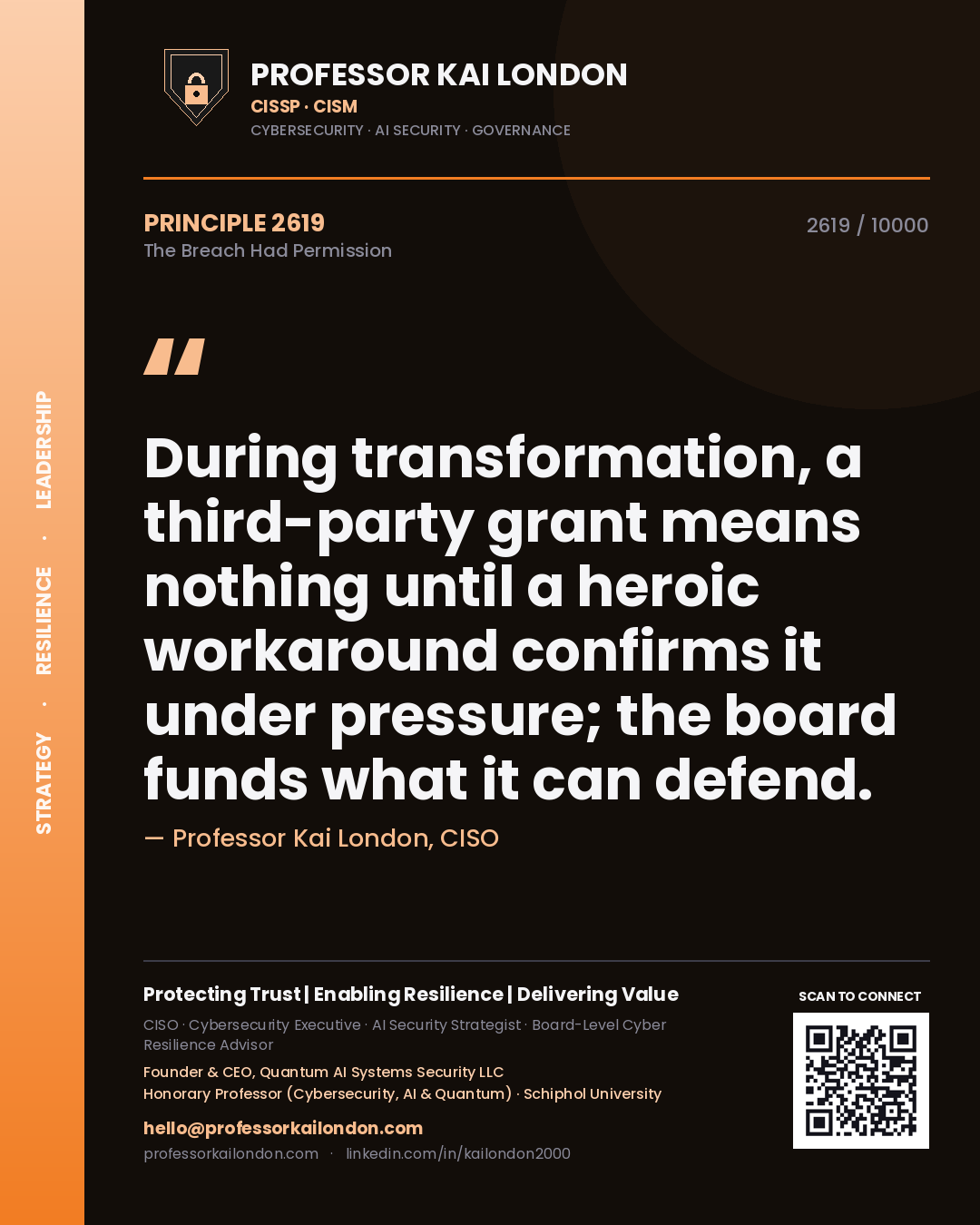 Quote card by Professor Kai London reading 'During transformation, a third-party grant means nothing until a heroic workaround confirms it under pressure; the board funds what it can defend.'. From the book The Breach Had Permission.