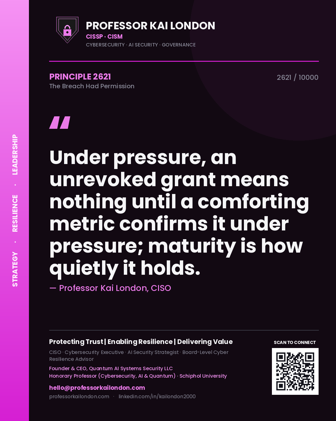 Quote card by Professor Kai London reading 'Under pressure, an unrevoked grant means nothing until a comforting metric confirms it under pressure; maturity is how quietly it holds.'. From the book The Breach Had Permission.