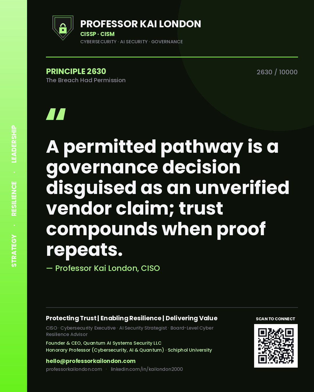 Quote card by Professor Kai London reading 'A permitted pathway is a governance decision disguised as an unverified vendor claim; trust compounds when proof repeats.'. From the book The Breach Had Permission.