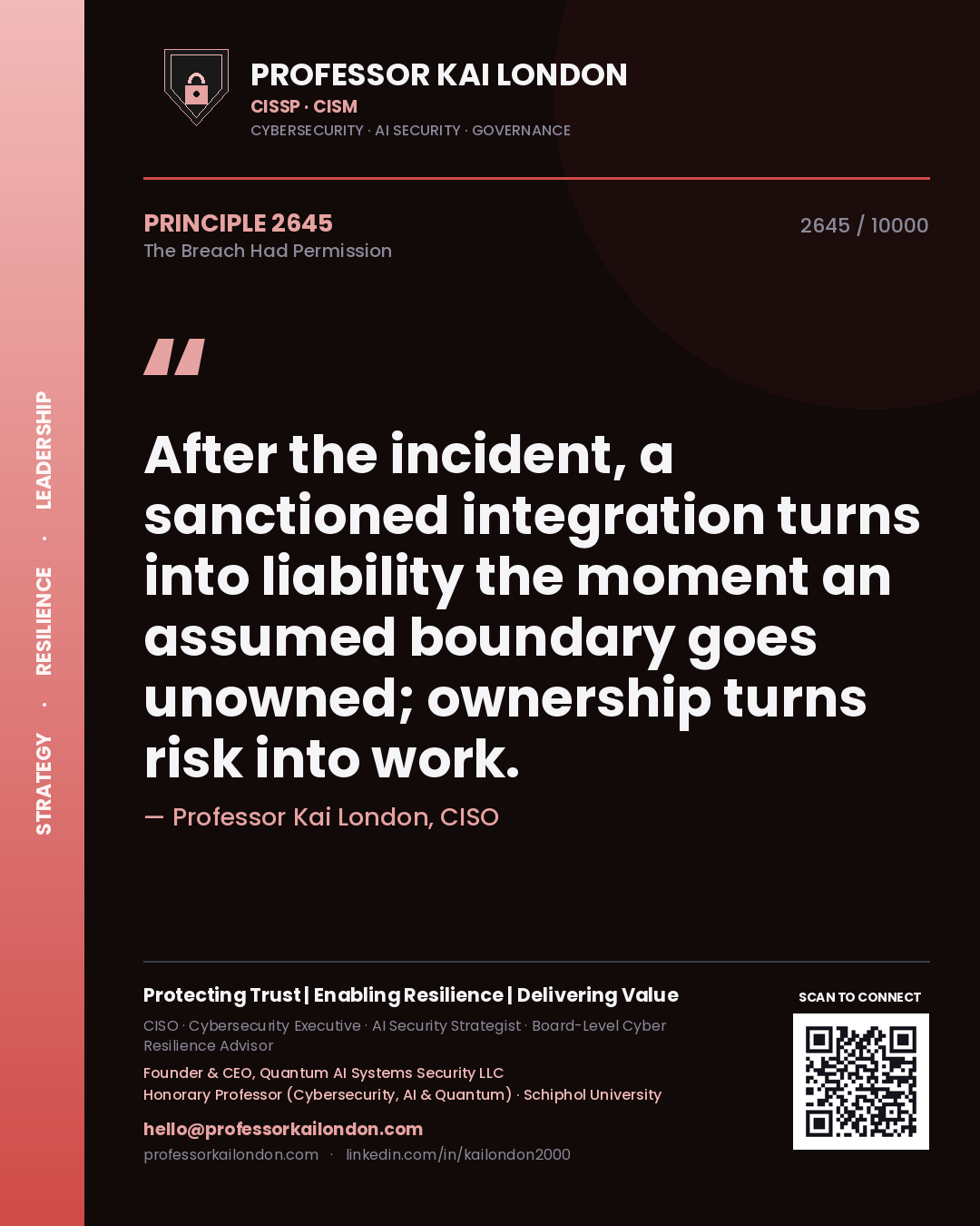 Quote card by Professor Kai London reading 'After the incident, a sanctioned integration turns into liability the moment an assumed boundary goes unowned; ownership turns risk into work.'. From the book The Breach Had Permission.