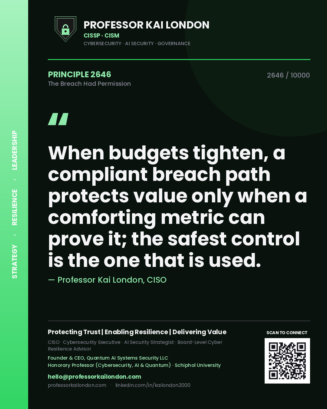 Quote card by Professor Kai London reading 'When budgets tighten, a compliant breach path protects value only when a comforting metric can prove it; the safest control is the one that is used.'. From the book The Breach Had Permission.