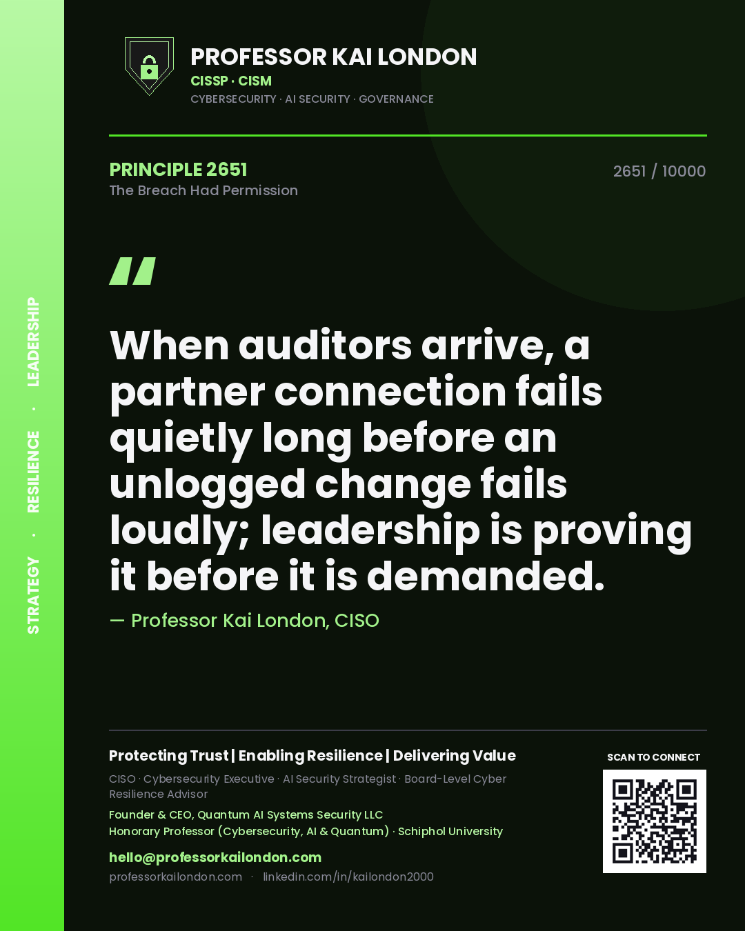 Quote card by Professor Kai London reading 'When auditors arrive, a partner connection fails quietly long before an unlogged change fails loudly; leadership is proving it before it is demanded.'. From the book The Breach Had Permission.