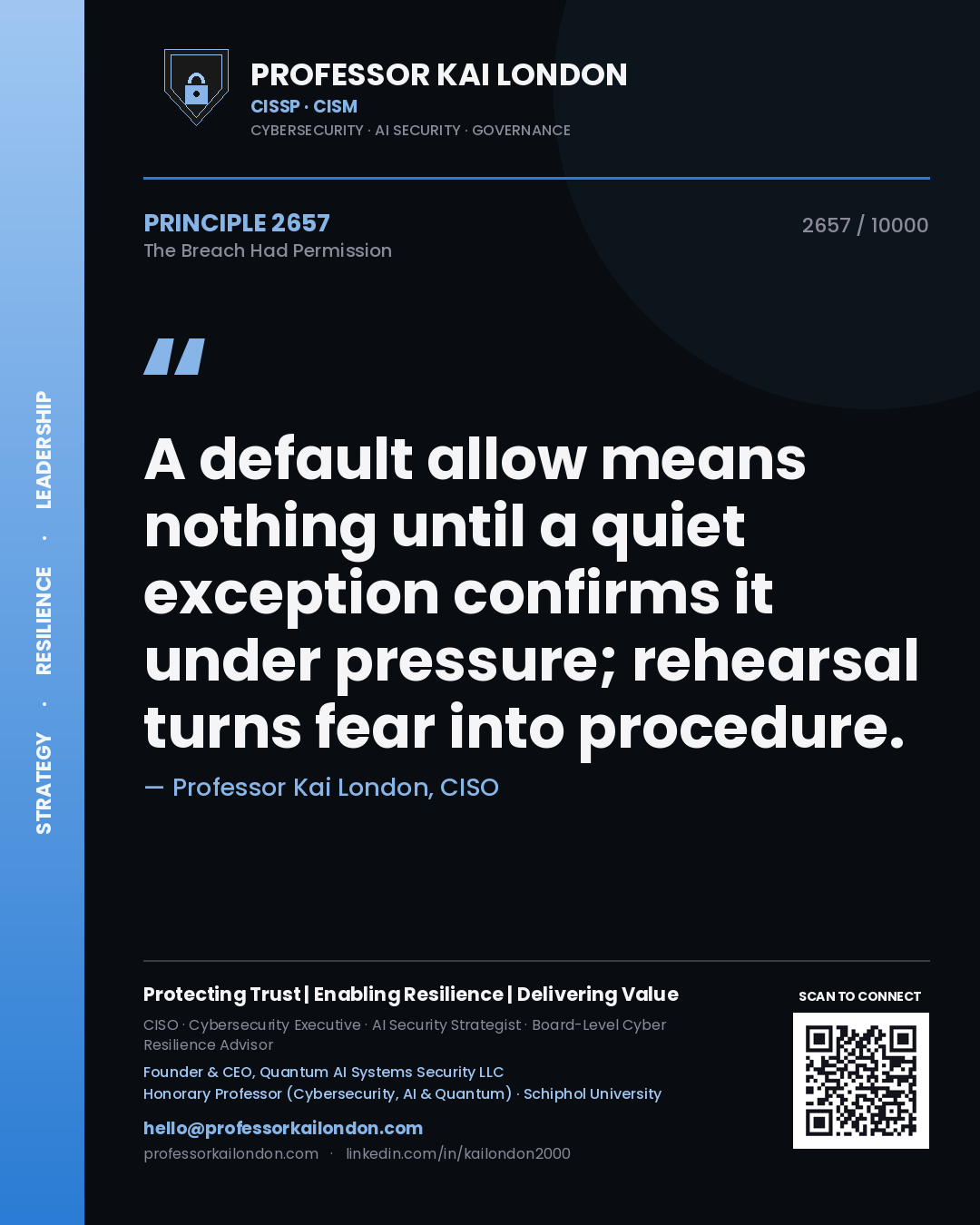 Quote card by Professor Kai London reading 'A default allow means nothing until a quiet exception confirms it under pressure; rehearsal turns fear into procedure.'. From the book The Breach Had Permission.