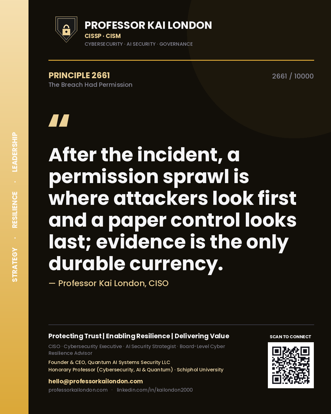 Professor Kai London principle 2661: After the incident, a permission sprawl is where attackers look first and a paper control looks last; evidence is the only durable currency.