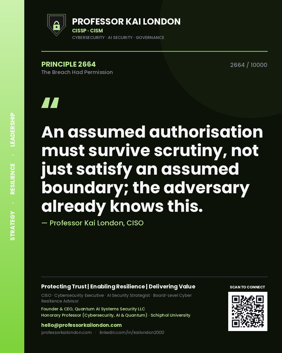 Quote card by Professor Kai London reading 'An assumed authorisation must survive scrutiny, not just satisfy an assumed boundary; the adversary already knows this.'. From the book The Breach Had Permission.