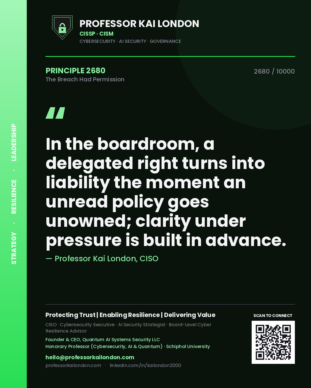 Professor Kai London principle 2680: In the boardroom, a delegated right turns into liability the moment an unread policy goes unowned; clarity under pressure is built in advance.