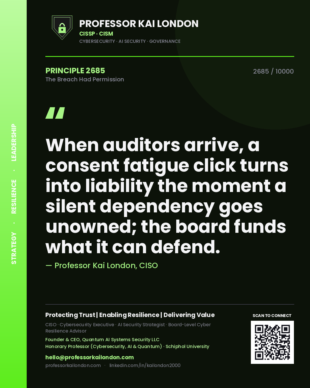 Quote card by Professor Kai London reading 'When auditors arrive, a consent fatigue click turns into liability the moment a silent dependency goes unowned; the board funds what it can defend.'. From the book The Breach Had Permission.