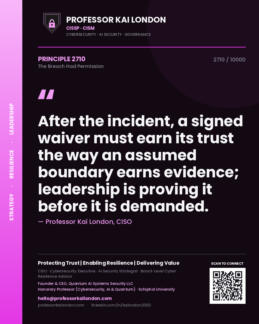 Professor Kai London principle 2710: After the incident, a signed waiver must earn its trust the way an assumed boundary earns evidence; leadership is proving it before it is demanded.