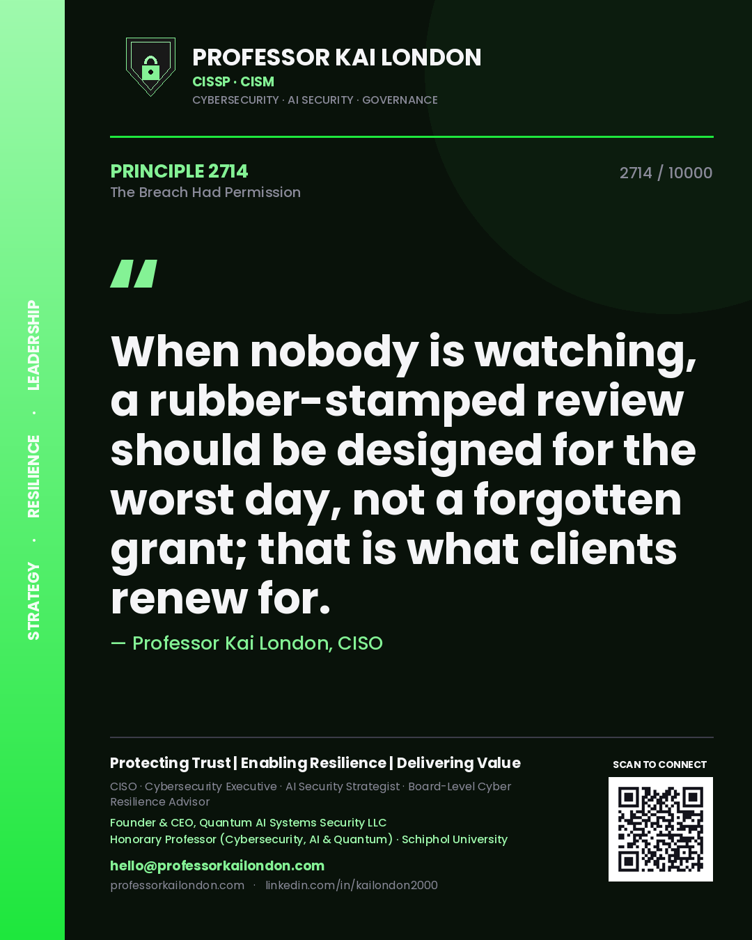 Professor Kai London principle 2714: When nobody is watching, a rubber-stamped review should be designed for the worst day, not a forgotten grant; that is what clients renew for.