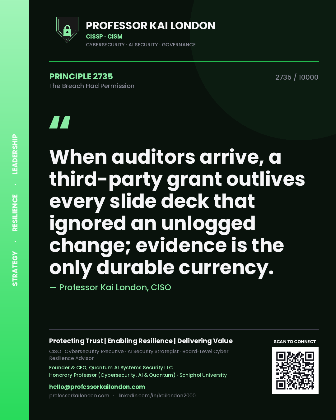 Quote card by Professor Kai London reading 'When auditors arrive, a third-party grant outlives every slide deck that ignored an unlogged change; evidence is the only durable currency.'. From the book The Breach Had Permission.