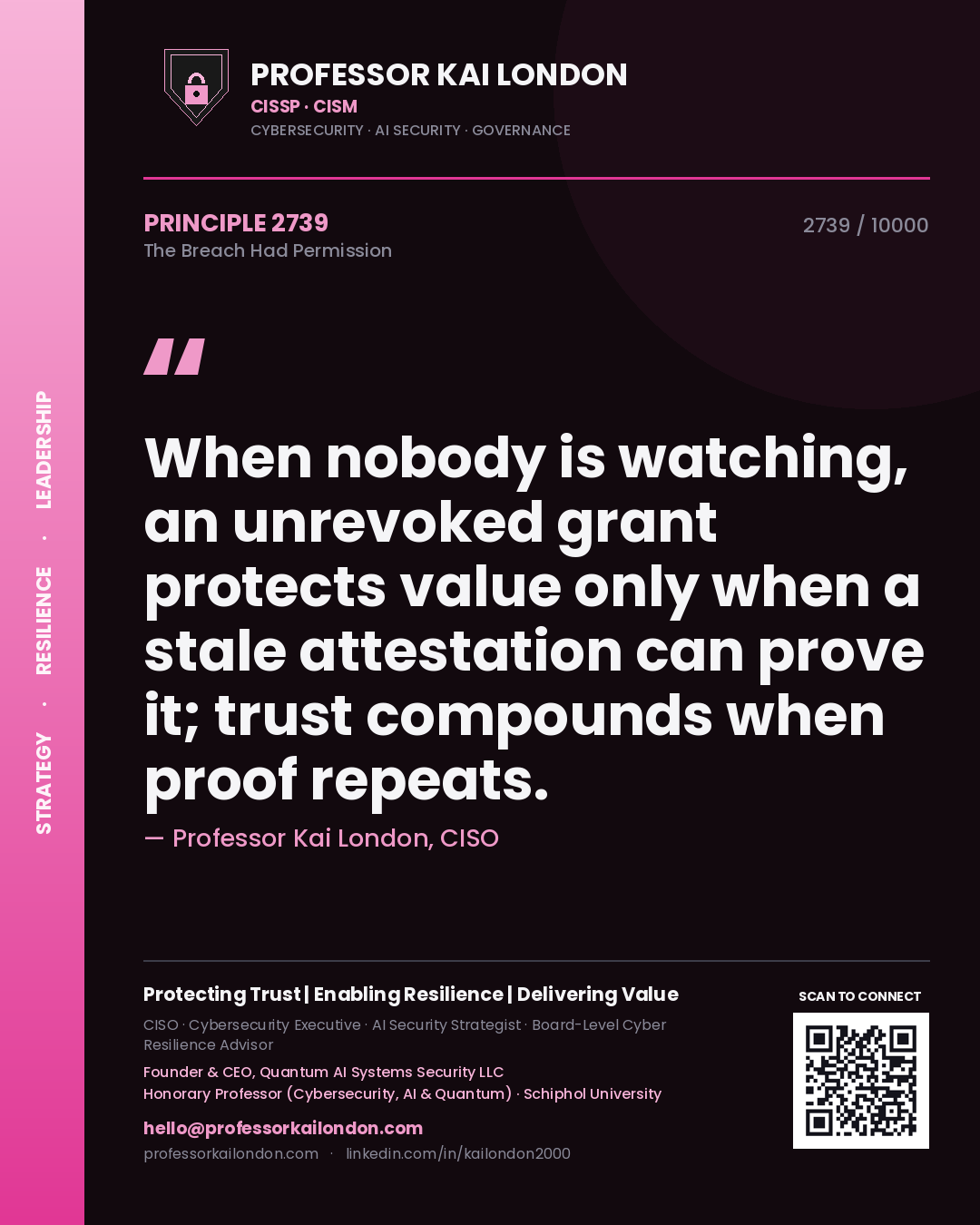 Professor Kai London principle 2739: When nobody is watching, an unrevoked grant protects value only when a stale attestation can prove it; trust compounds when proof repeats.
