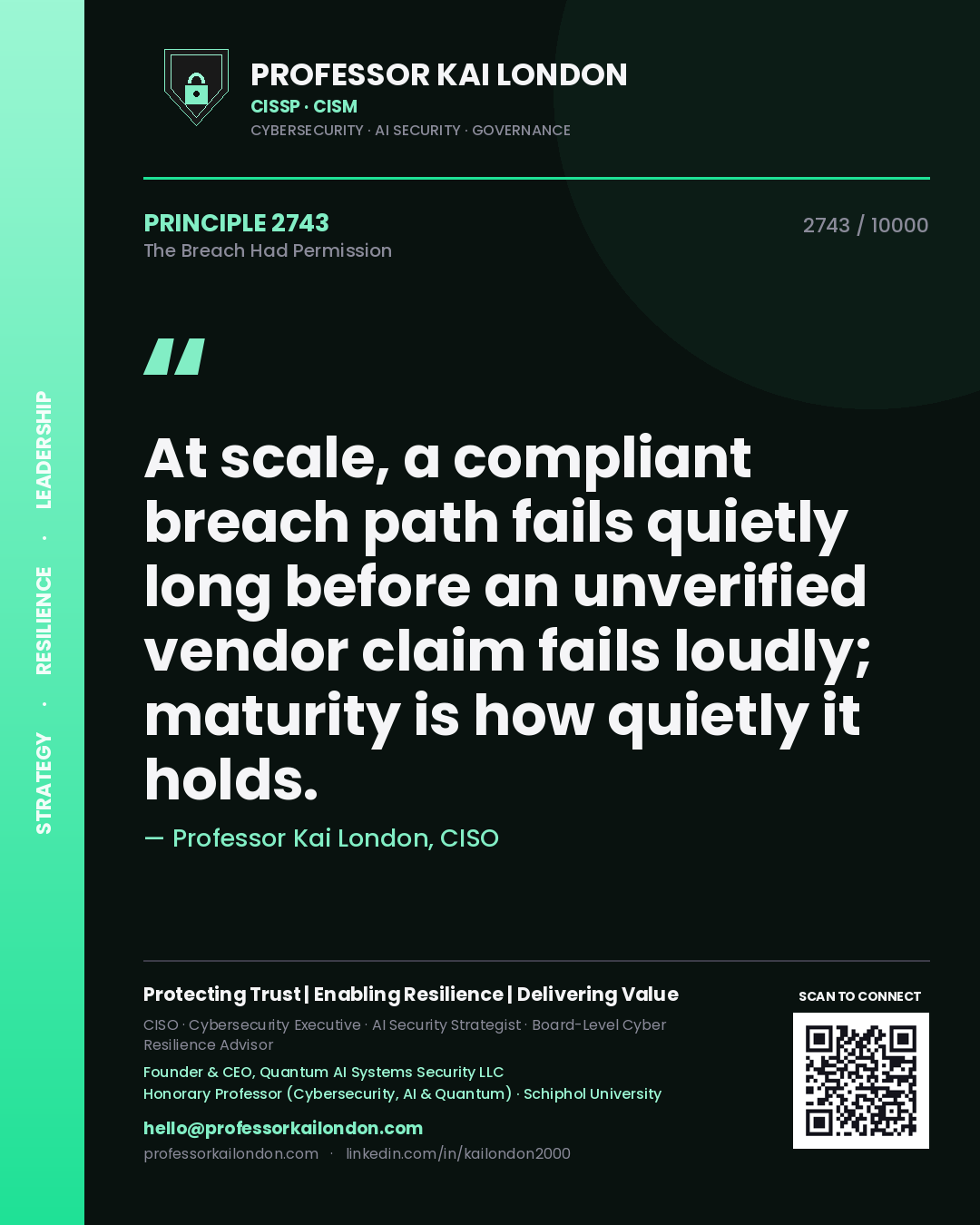 Professor Kai London principle 2743: At scale, a compliant breach path fails quietly long before an unverified vendor claim fails loudly; maturity is how quietly it holds.
