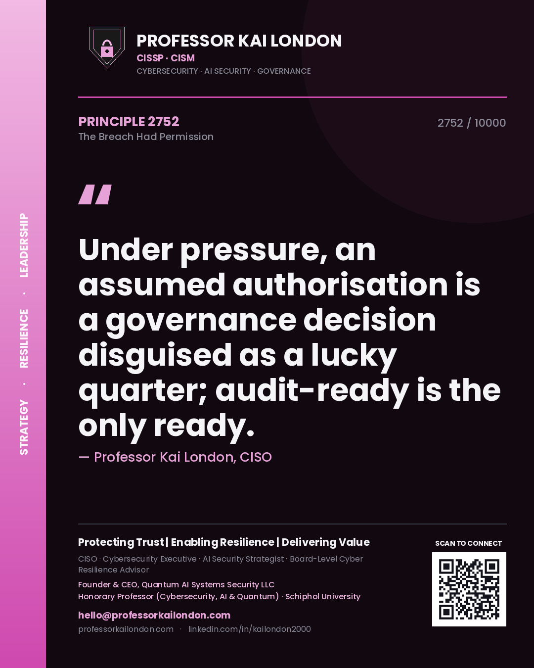 Professor Kai London principle 2752: Under pressure, an assumed authorisation is a governance decision disguised as a lucky quarter; audit-ready is the only ready.
