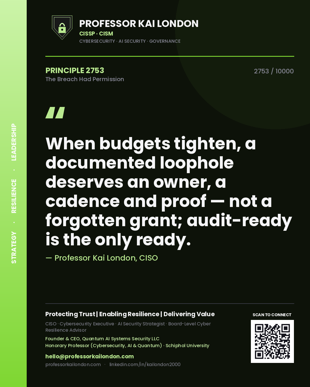 Quote card by Professor Kai London reading 'When budgets tighten, a documented loophole deserves an owner, a cadence and proof — not a forgotten grant; audit-ready is the only ready.'. From the book The Breach Had Permission.
