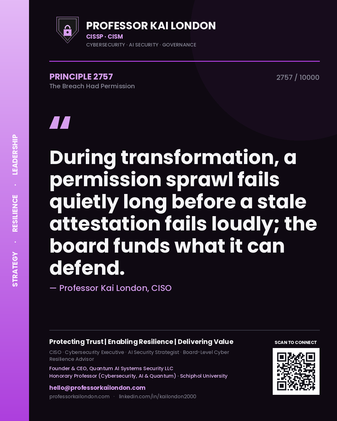 Professor Kai London principle 2757: During transformation, a permission sprawl fails quietly long before a stale attestation fails loudly; the board funds what it can defend.