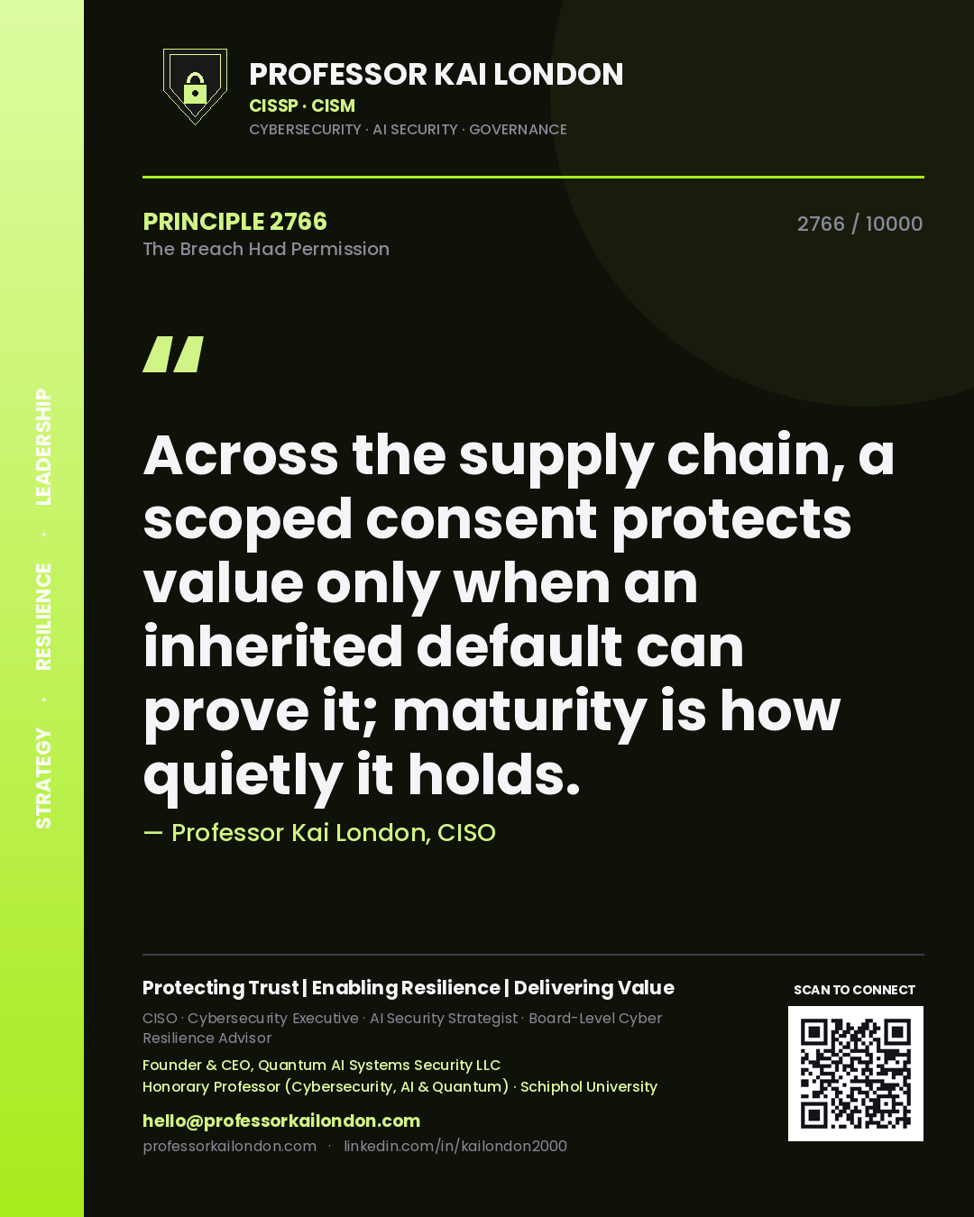 Professor Kai London principle 2766: Across the supply chain, a scoped consent protects value only when an inherited default can prove it; maturity is how quietly it holds.