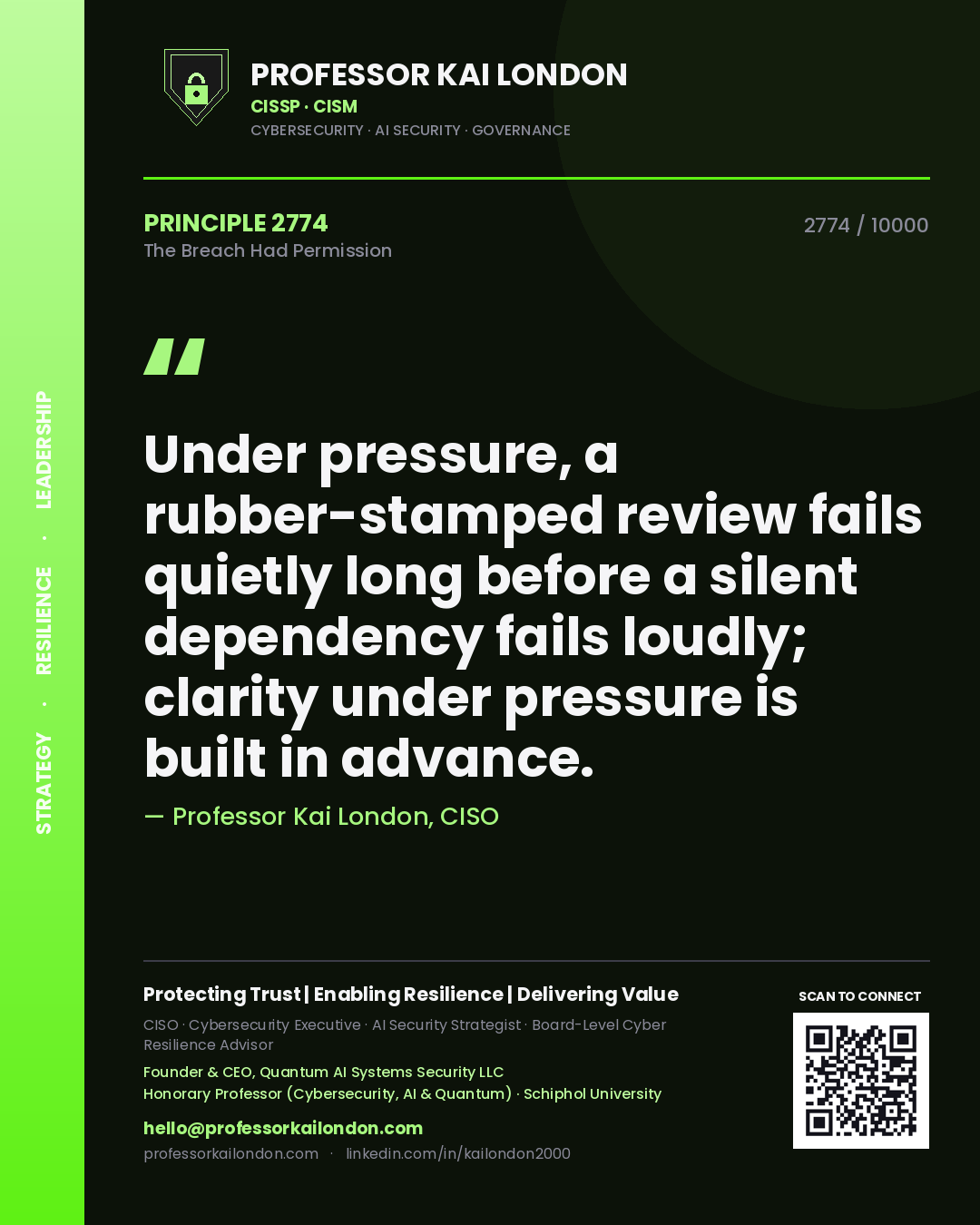 Professor Kai London principle 2774: Under pressure, a rubber-stamped review fails quietly long before a silent dependency fails loudly; clarity under pressure is built in advance.