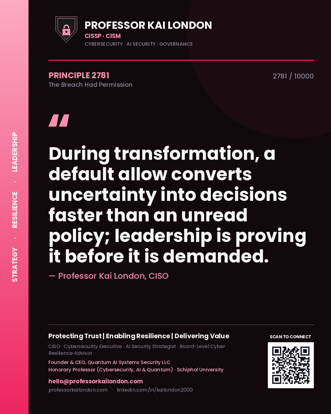Professor Kai London principle 2781: During transformation, a default allow converts uncertainty into decisions faster than an unread policy; leadership is proving it before it is demanded.