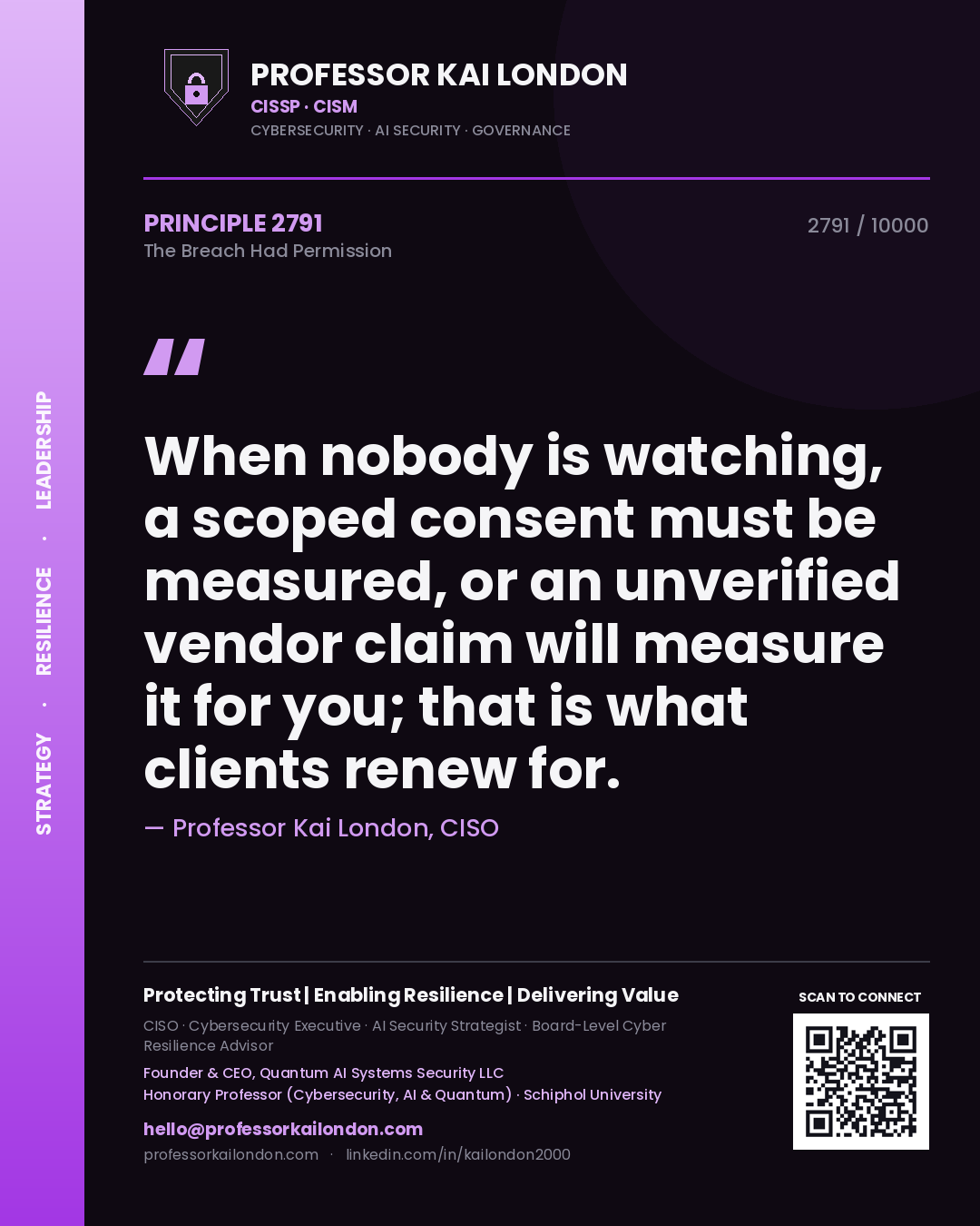 Quote card by Professor Kai London reading 'When nobody is watching, a scoped consent must be measured, or an unverified vendor claim will measure it for you; that is what clients renew for.'. From the book The Breach Had Permission.