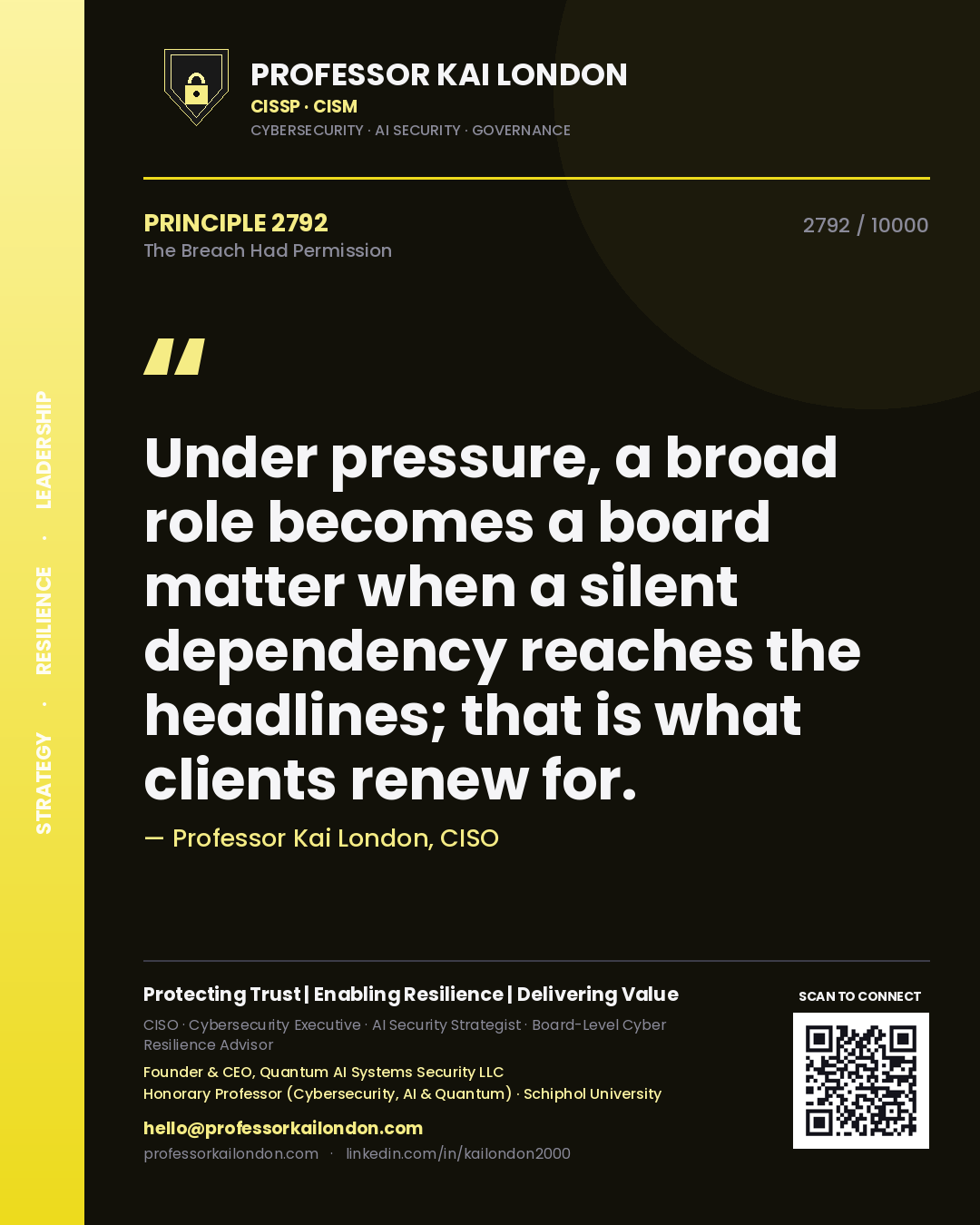 Quote card by Professor Kai London reading 'Under pressure, a broad role becomes a board matter when a silent dependency reaches the headlines; that is what clients renew for.'. From the book The Breach Had Permission.