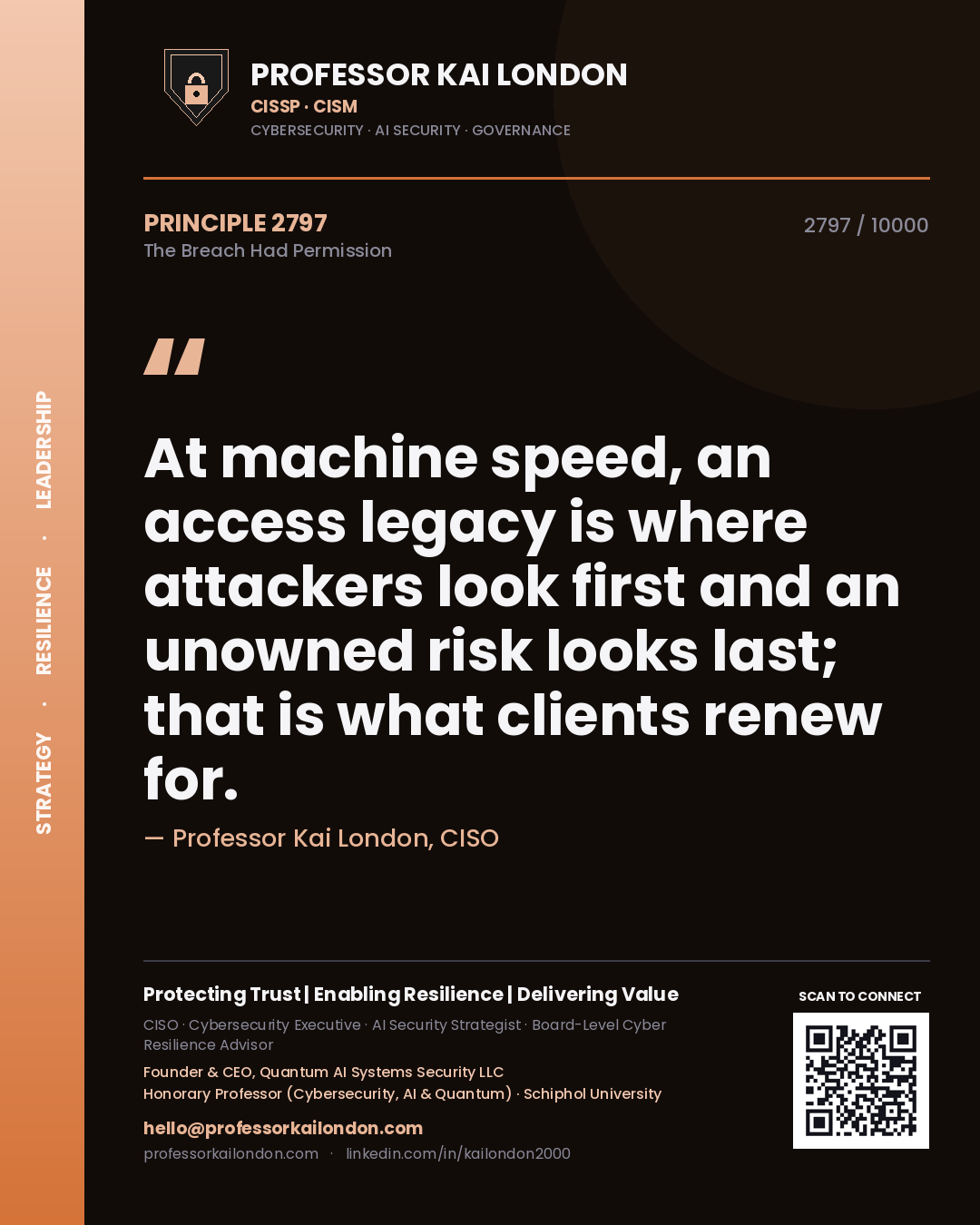 Quote card by Professor Kai London reading 'At machine speed, an access legacy is where attackers look first and an unowned risk looks last; that is what clients renew for.'. From the book The Breach Had Permission.