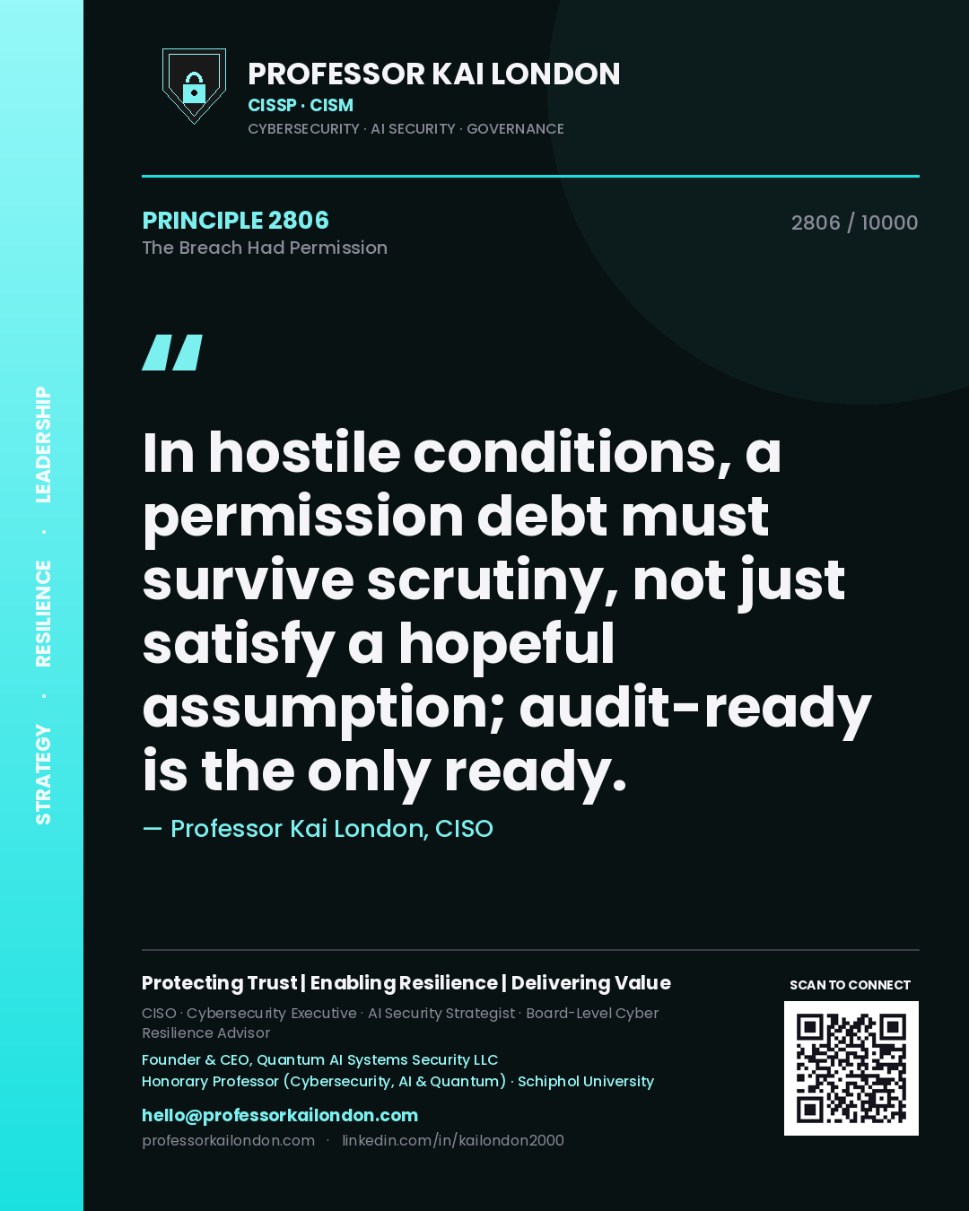 Professor Kai London principle 2806: In hostile conditions, a permission debt must survive scrutiny, not just satisfy a hopeful assumption; audit-ready is the only ready.