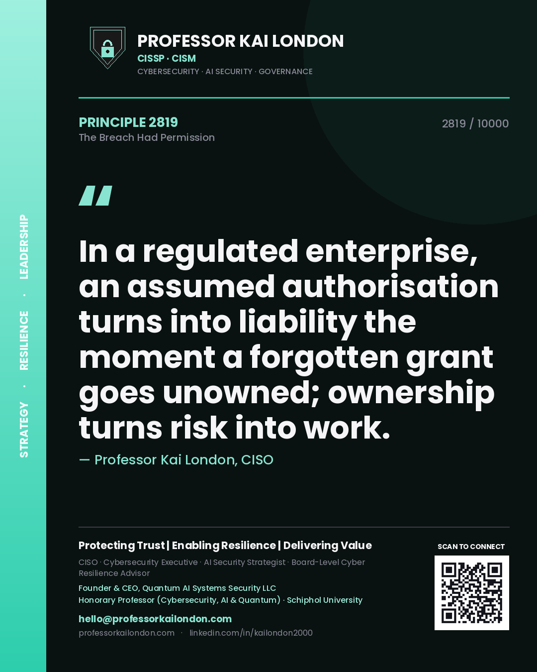 Professor Kai London principle 2819: In a regulated enterprise, an assumed authorisation turns into liability the moment a forgotten grant goes unowned; ownership turns risk into work.