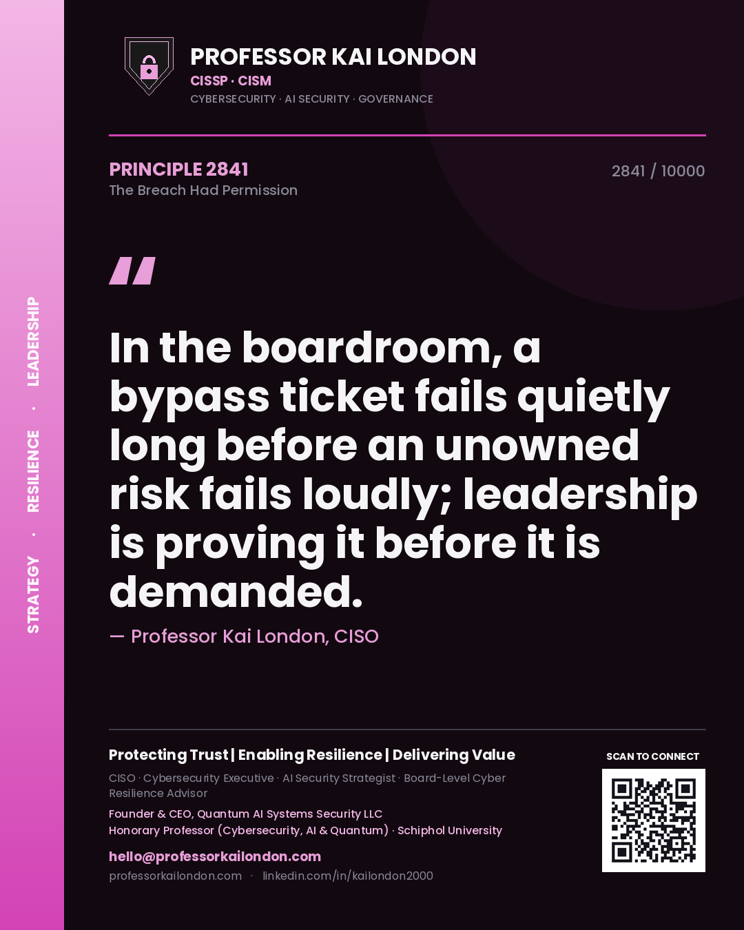 Professor Kai London principle 2841: In the boardroom, a bypass ticket fails quietly long before an unowned risk fails loudly; leadership is proving it before it is demanded.