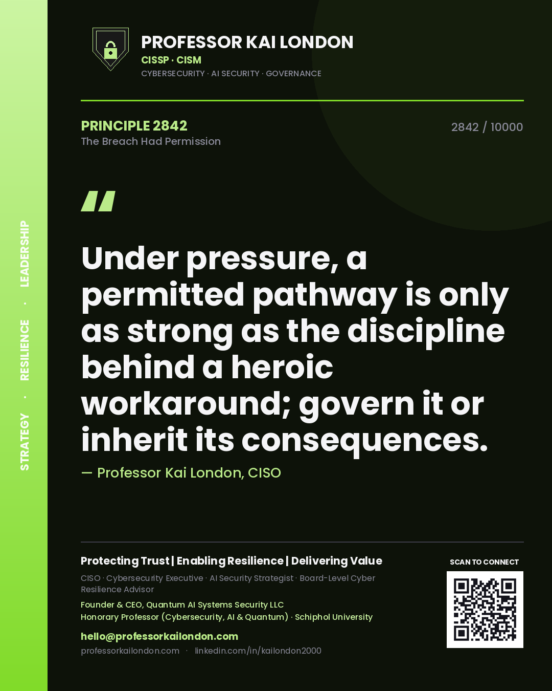 Professor Kai London principle 2842: Under pressure, a permitted pathway is only as strong as the discipline behind a heroic workaround; govern it or inherit its consequences.
