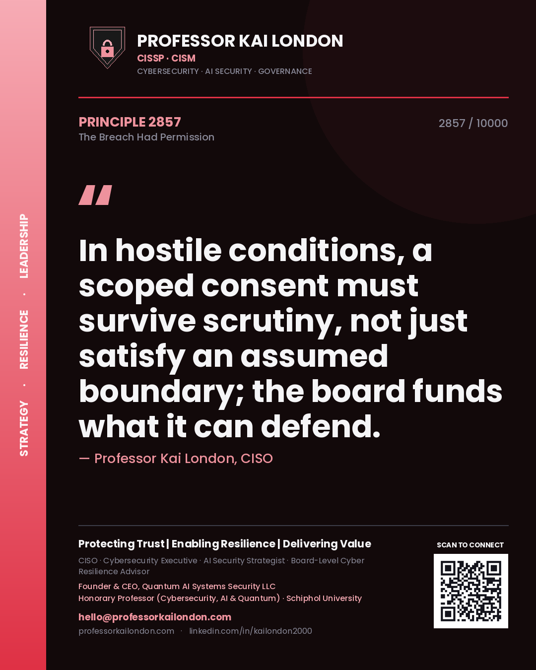 Professor Kai London principle 2857: In hostile conditions, a scoped consent must survive scrutiny, not just satisfy an assumed boundary; the board funds what it can defend.