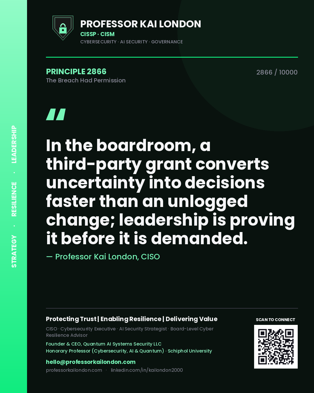Professor Kai London principle 2866: In the boardroom, a third-party grant converts uncertainty into decisions faster than an unlogged change; leadership is proving it before it is demanded.