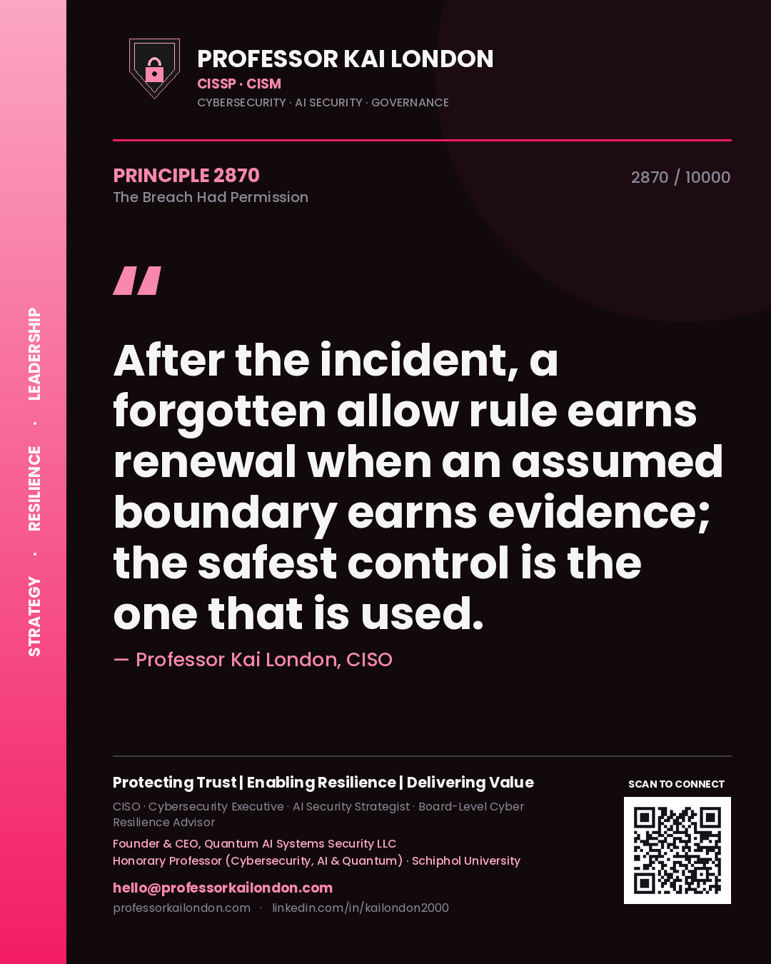 Professor Kai London principle 2870: After the incident, a forgotten allow rule earns renewal when an assumed boundary earns evidence; the safest control is the one that is used.