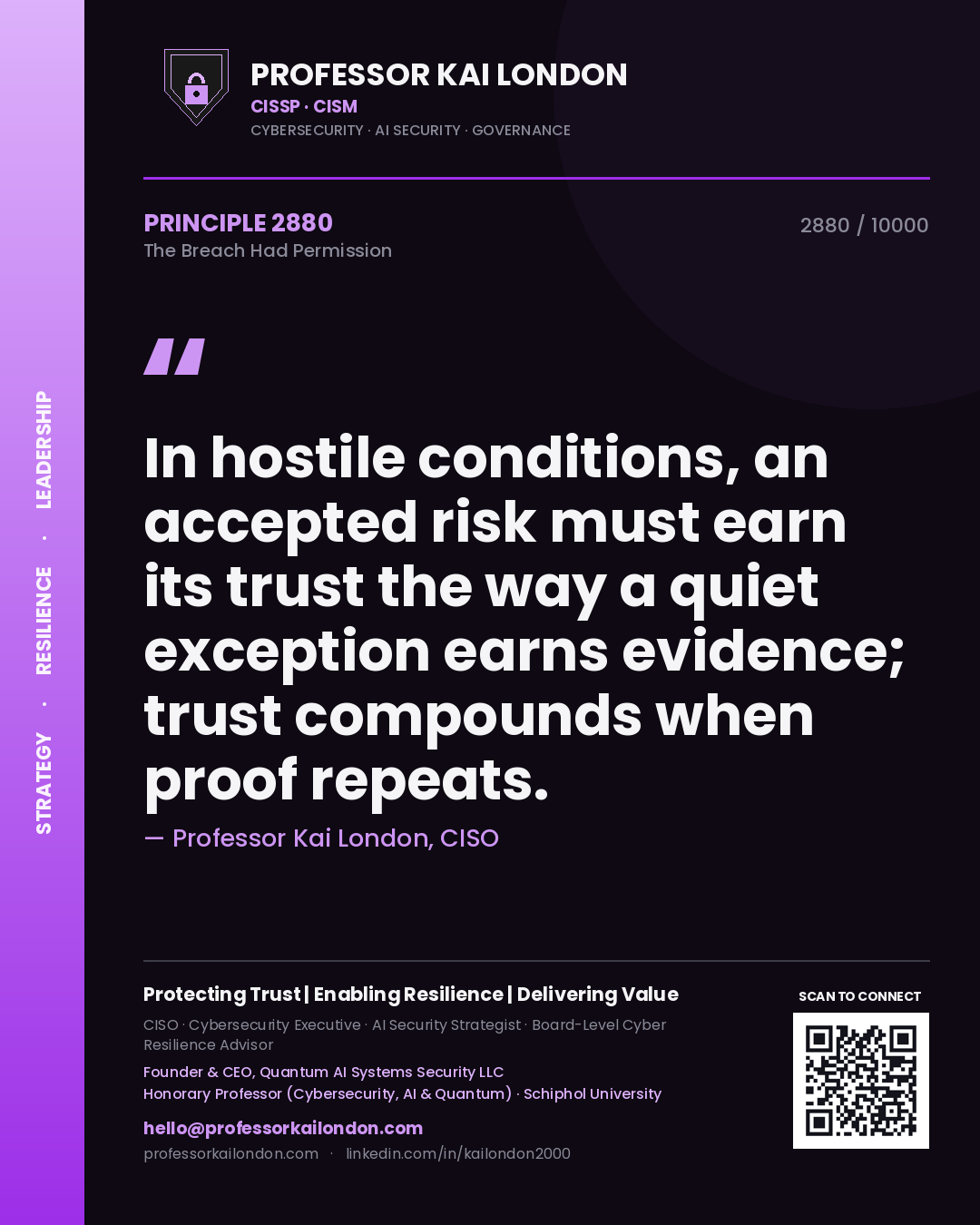 Professor Kai London principle 2880: In hostile conditions, an accepted risk must earn its trust the way a quiet exception earns evidence; trust compounds when proof repeats.