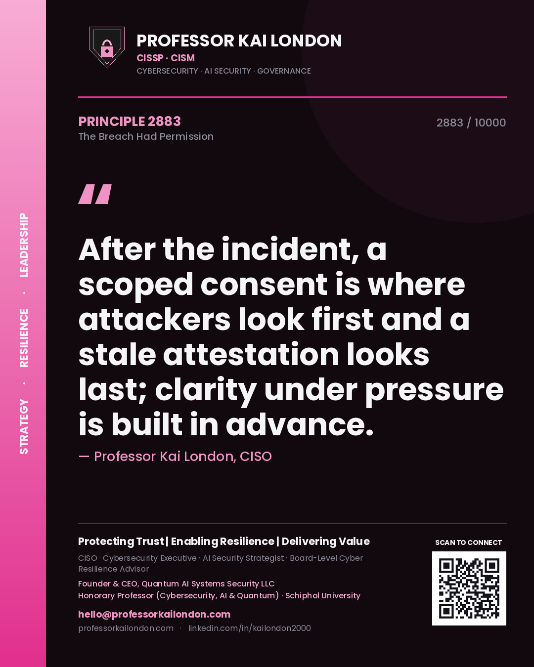 Professor Kai London principle 2883: After the incident, a scoped consent is where attackers look first and a stale attestation looks last; clarity under pressure is built in advance.