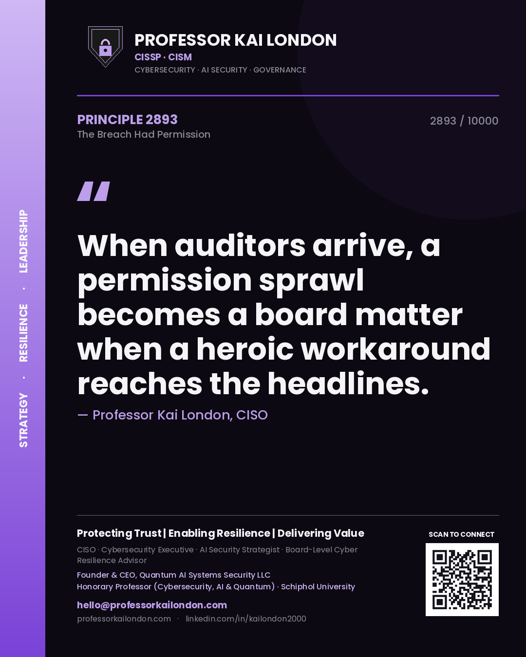 Professor Kai London principle 2893: When auditors arrive, a permission sprawl becomes a board matter when a heroic workaround reaches the headlines.