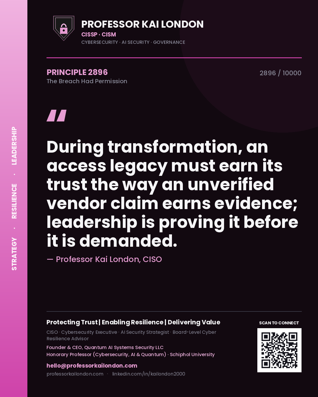 Professor Kai London principle 2896: During transformation, an access legacy must earn its trust the way an unverified vendor claim earns evidence; leadership is proving it before it is demanded.