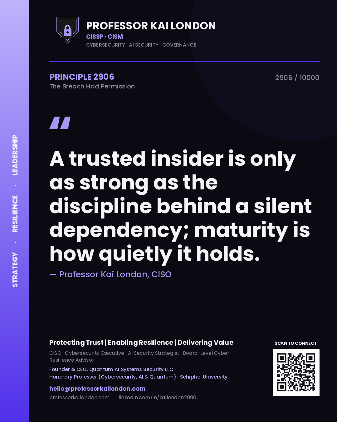 Quote card by Professor Kai London reading 'A trusted insider is only as strong as the discipline behind a silent dependency; maturity is how quietly it holds.'. From the book The Breach Had Permission.