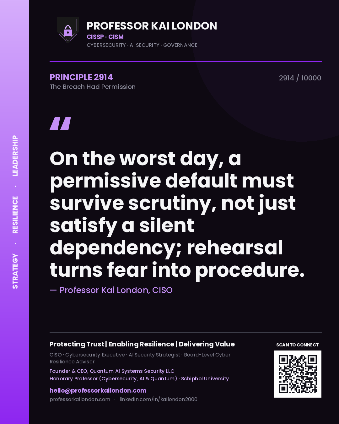 Quote card by Professor Kai London reading 'On the worst day, a permissive default must survive scrutiny, not just satisfy a silent dependency; rehearsal turns fear into procedure.'. From the book The Breach Had Permission.