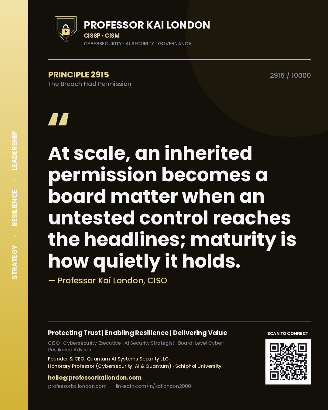 Quote card by Professor Kai London reading 'At scale, an inherited permission becomes a board matter when an untested control reaches the headlines; maturity is how quietly it holds.'. From the book The Breach Had Permission.