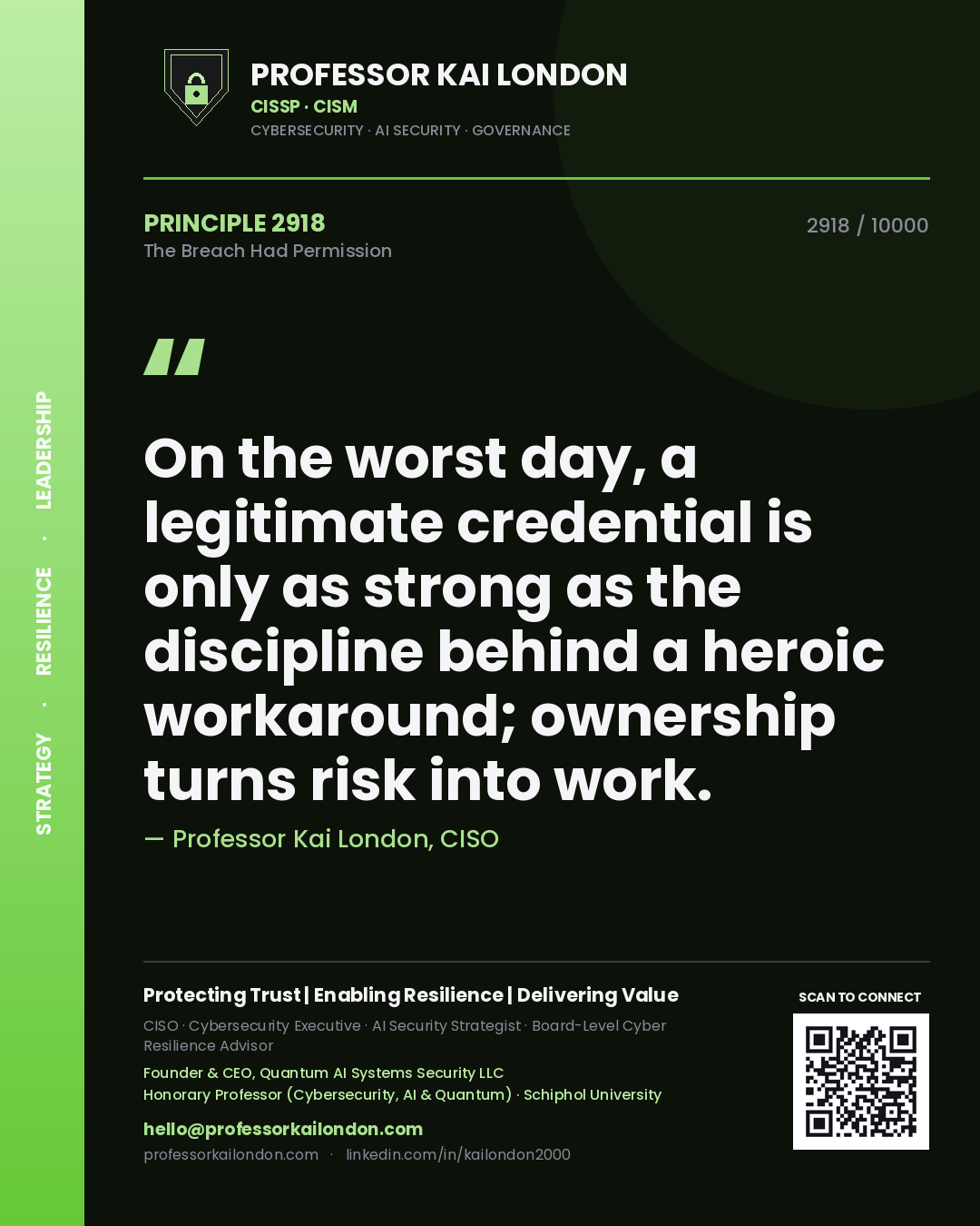 Quote card by Professor Kai London reading 'On the worst day, a legitimate credential is only as strong as the discipline behind a heroic workaround; ownership turns risk into work.'. From the book The Breach Had Permission.