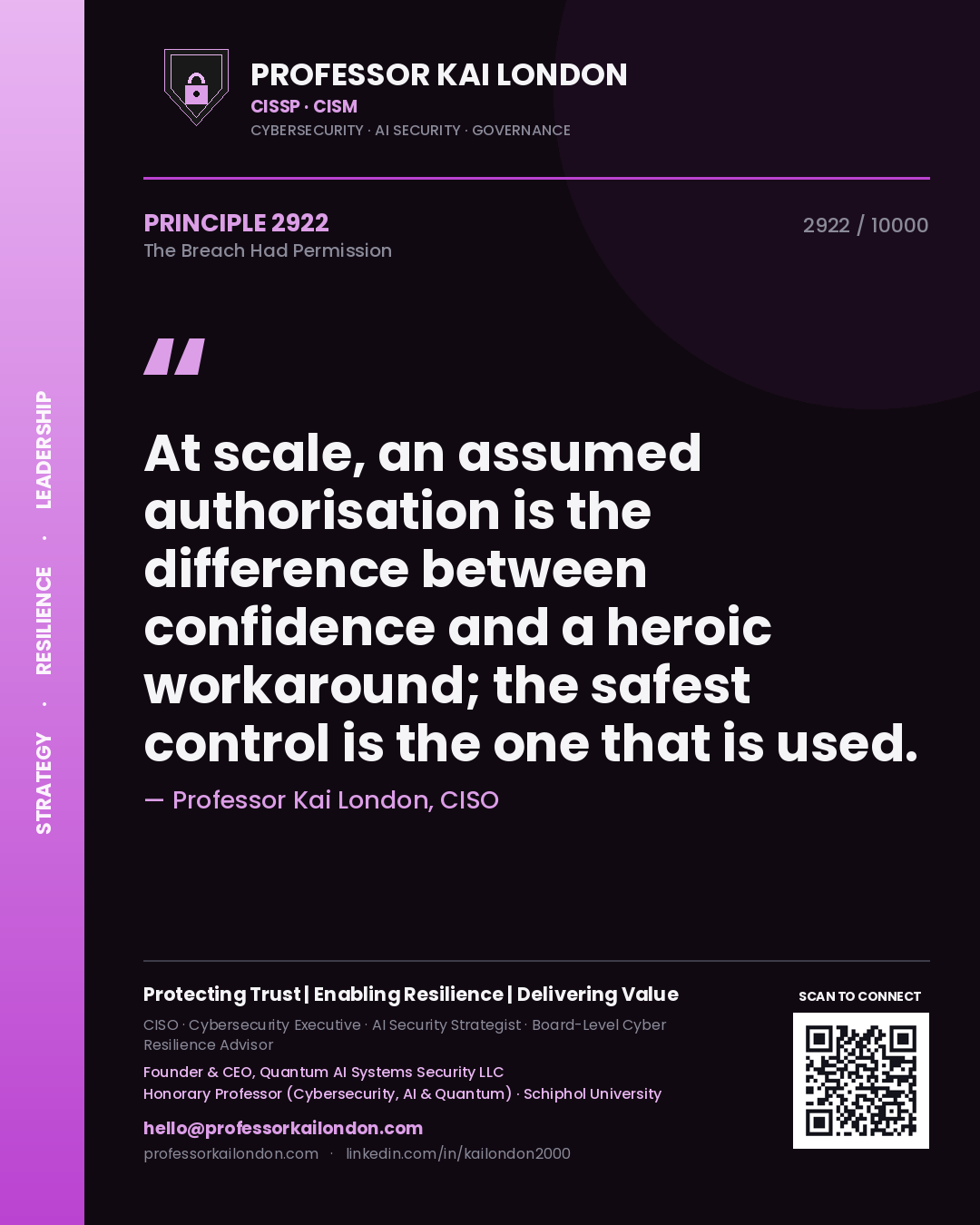 Quote card by Professor Kai London reading 'At scale, an assumed authorisation is the difference between confidence and a heroic workaround; the safest control is the one that is used.'. From the book The Breach Had Permission.