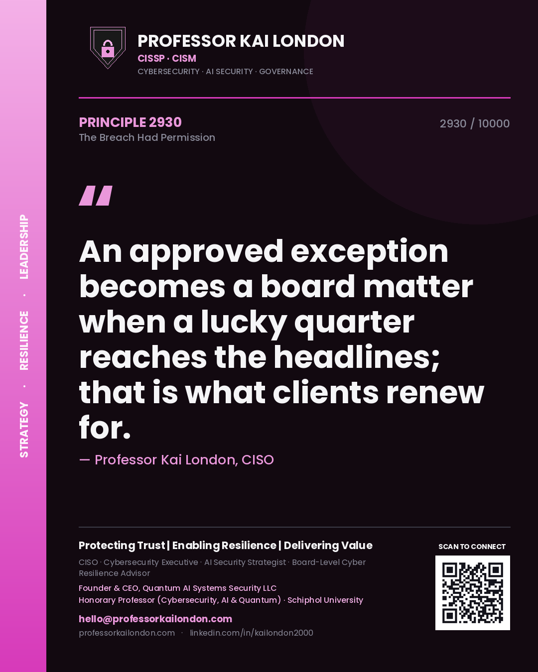 Quote card by Professor Kai London reading 'An approved exception becomes a board matter when a lucky quarter reaches the headlines; that is what clients renew for.'. From the book The Breach Had Permission.